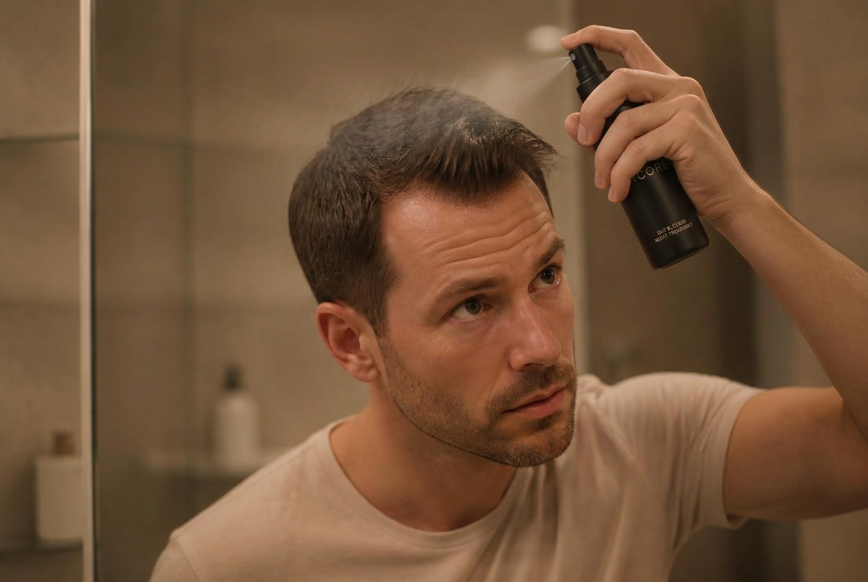 The Encore Longevity non-hormonal DHT blocker bottle on a bathroom counter