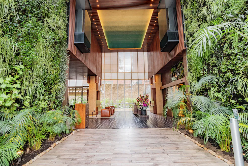The hotel's entrance lobby with soaring living walls of tropical plants