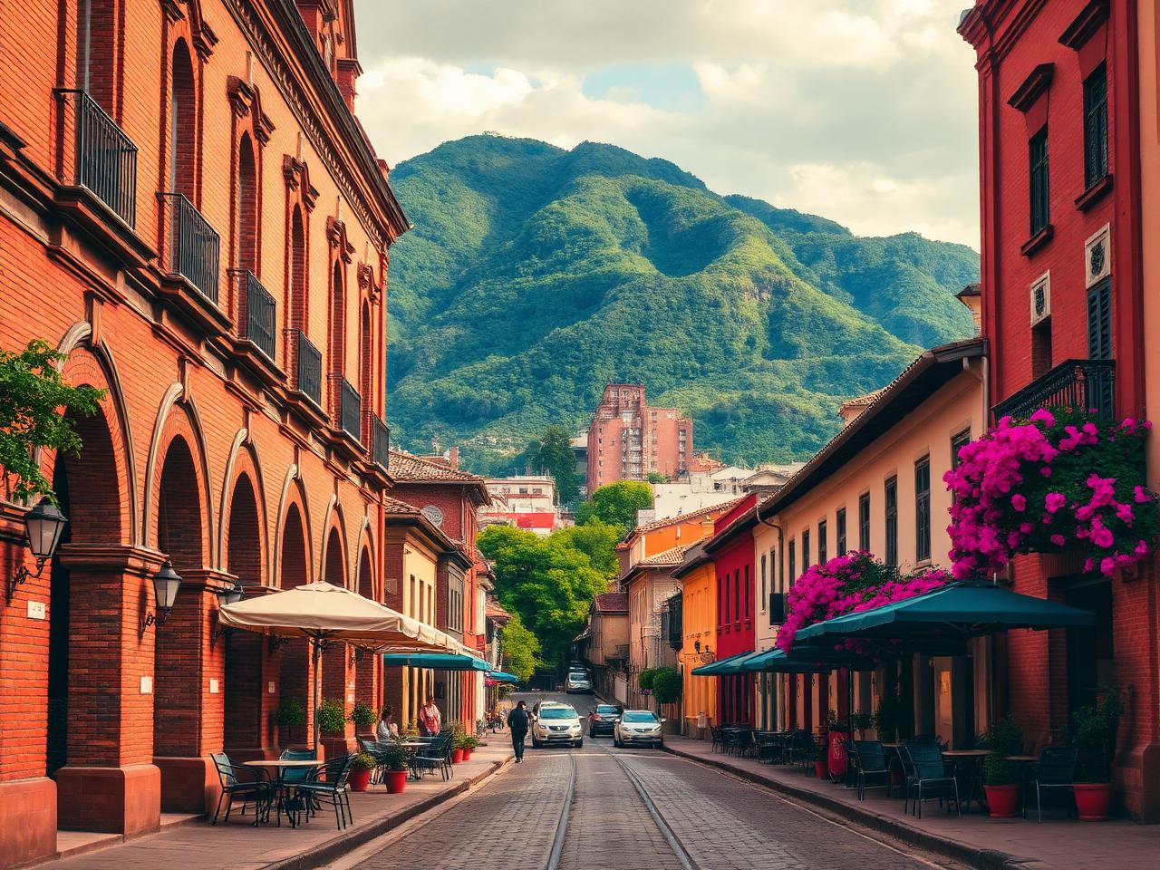 A cobblestone street in Usaquén, Bogotá, with red-brick colonial buildings and the eastern Andes rising behind